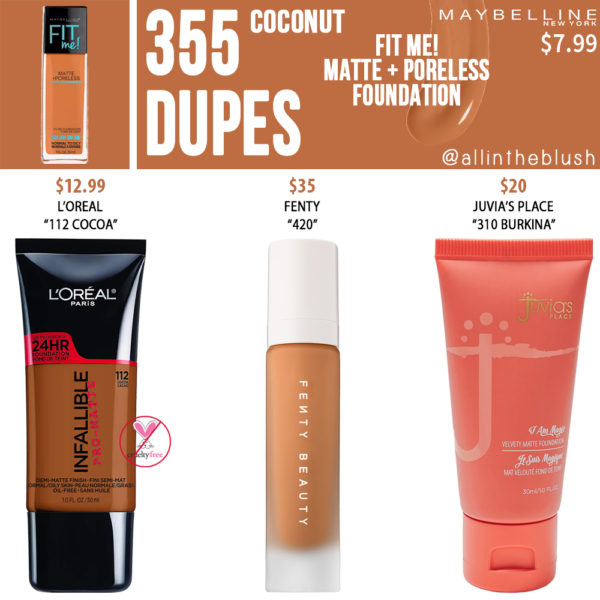 Maybelline 355 Coconut FIT ME! Matte + Poreless Foundation Dupes - All