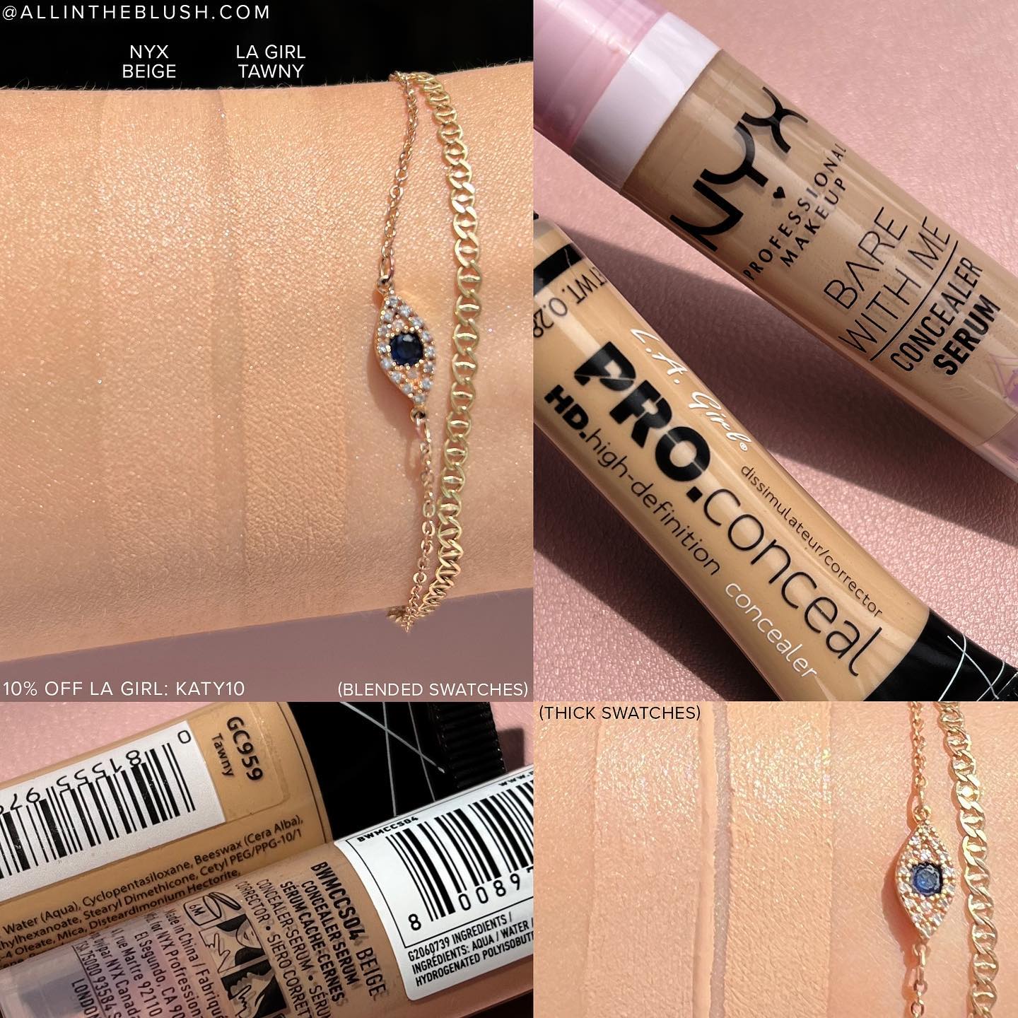 Swatch - LA Girl HD Pro.Conceal Fairest and KVD Lock-It Concealer Crème L1 Neutral